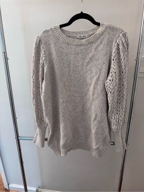 Steve Madden Cream Lace-Knit Sleeve Crewneck Sweater
